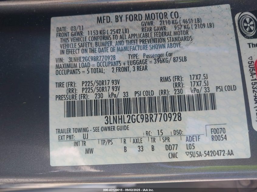 2011 Lincoln Mkz VIN: 3LNHL2GC9BR770928 Lot: 43128015