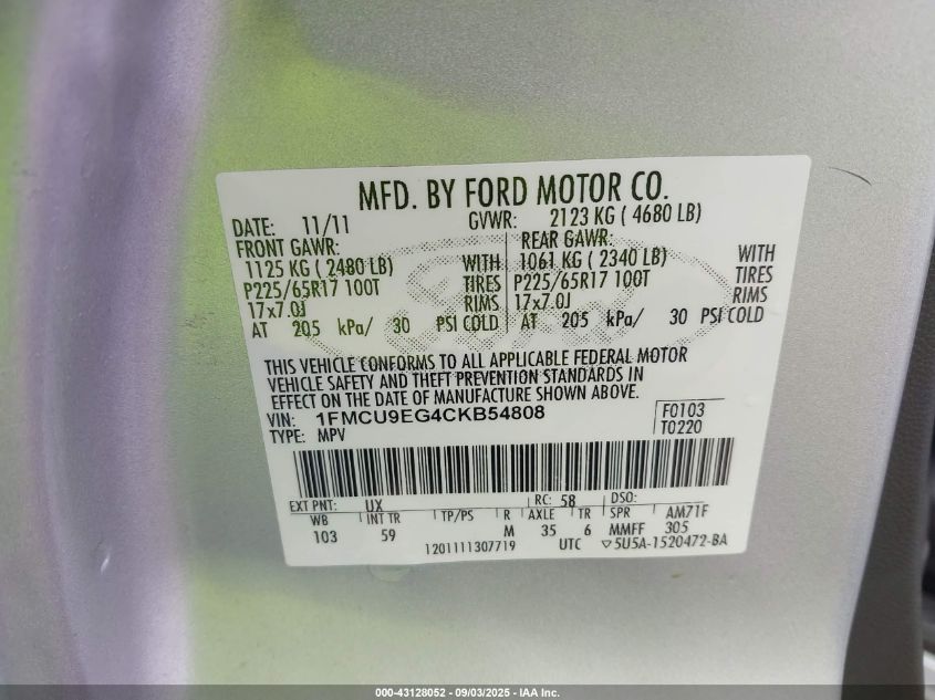 2012 Ford Escape Limited VIN: 1FMCU9EG4CKB54808 Lot: 43128052