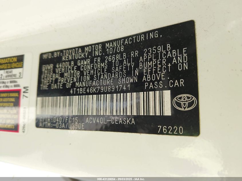 2009 Toyota Camry Se/Le/Xle VIN: 4T1BE46K79U891741 Lot: 43128054