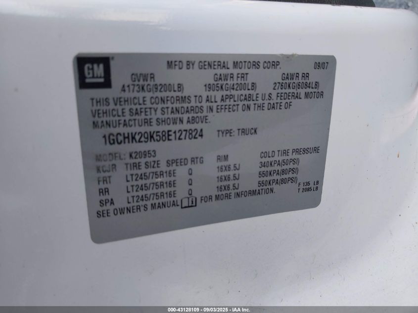2008 Chevrolet Silverado 2500Hd Lt1 VIN: 1GCHK29K58E127824 Lot: 43128109