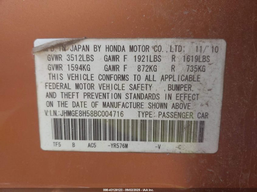 2011 Honda Fit Sport VIN: JHMGE8H58BC004716 Lot: 43128123