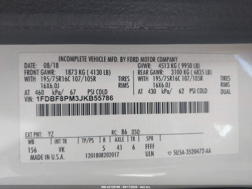 2018 Ford Transit-350 Cutaway VIN: 1FDBF8PM3JKB55786 Lot: 43128166