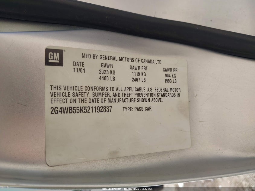 2002 Buick Regal Ls VIN: 2G4WB55K521192837 Lot: 43128201