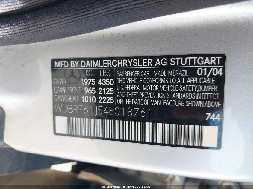 2004 Mercedes-Benz C 240 VIN: WDBRF61J54E018761 Lot: 43128202