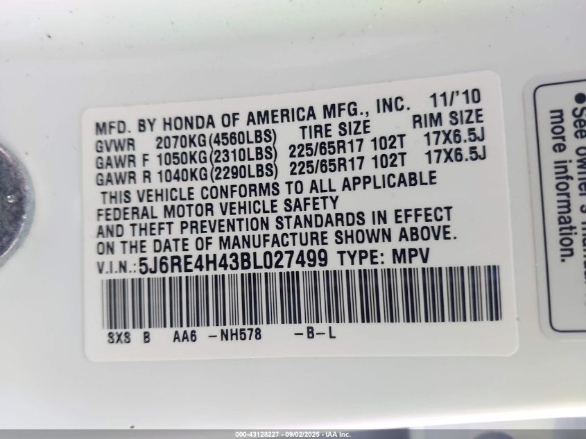 2011 Honda Cr-V Se VIN: 5J6RE4H43BL027499 Lot: 43128227