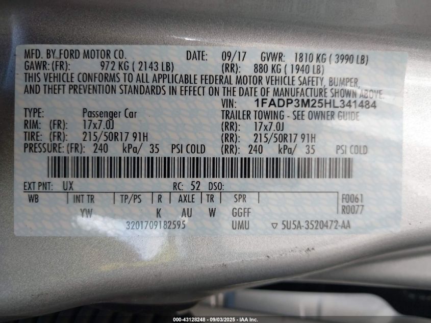 2017 Ford Focus Sel VIN: 1FADP3M25HL341484 Lot: 43128248