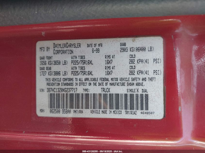 1999 Dodge Ram 1500 St VIN: 3B7HC13Z0XG237717 Lot: 43128255