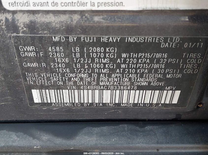 2011 Subaru Outback 2.5I VIN: 4S4BRBAC7B3386478 Lot: 43128303