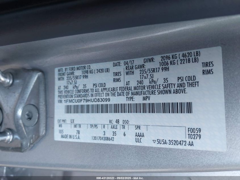 2017 Ford Escape S VIN: 1FMCU0F79HUD83099 Lot: 43128323