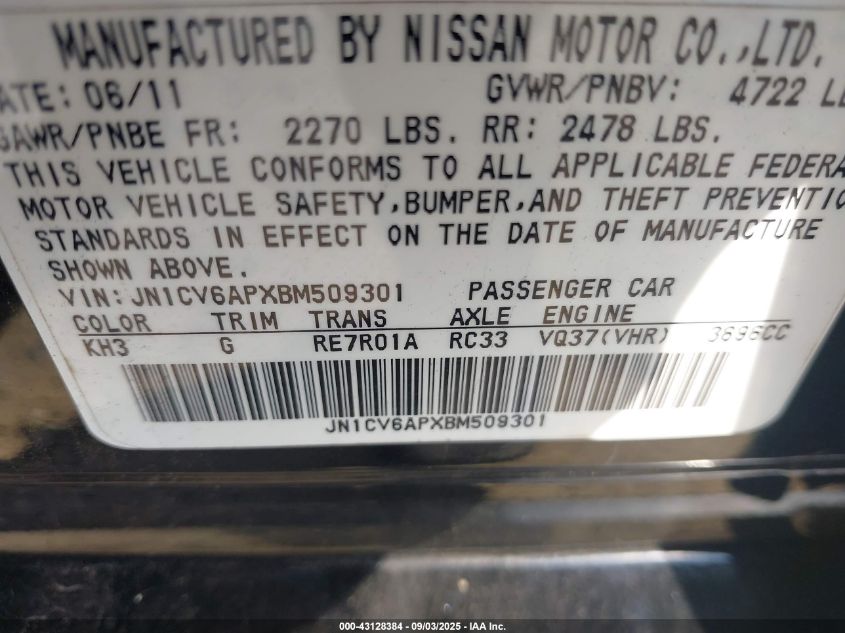 2011 Infiniti G37 Journey VIN: JN1CV6APXBM509301 Lot: 43128384