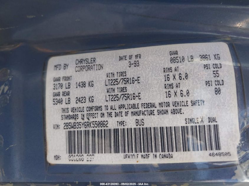 1994 Dodge Ram Wagon B350 VIN: 2B5WB35Y6RK550862 Lot: 43128393
