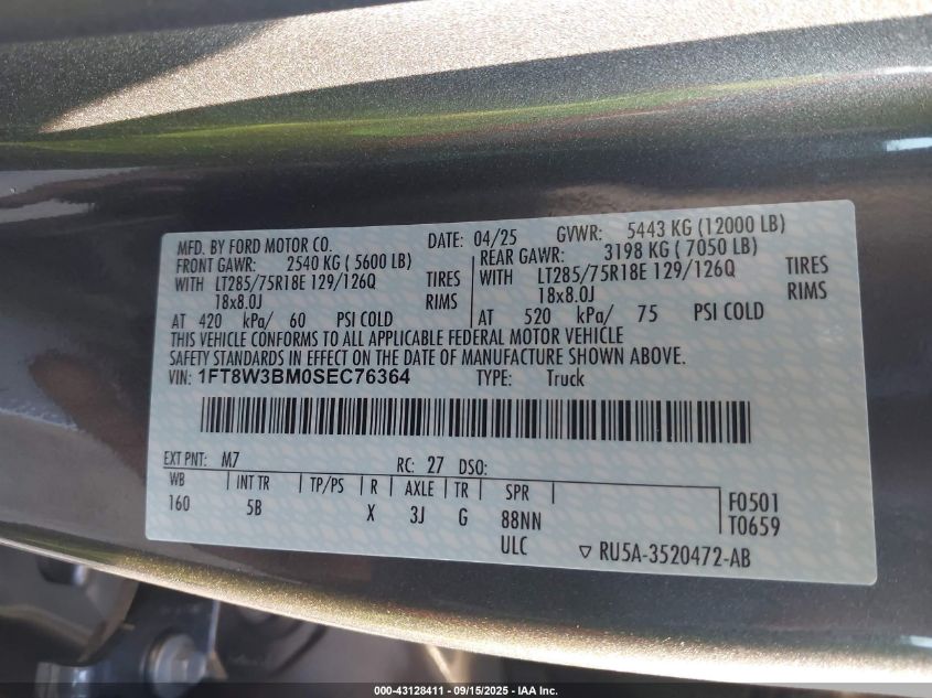 2025 Ford F-350 VIN: 1FT8W3BM0SEC76364 Lot: 43128411