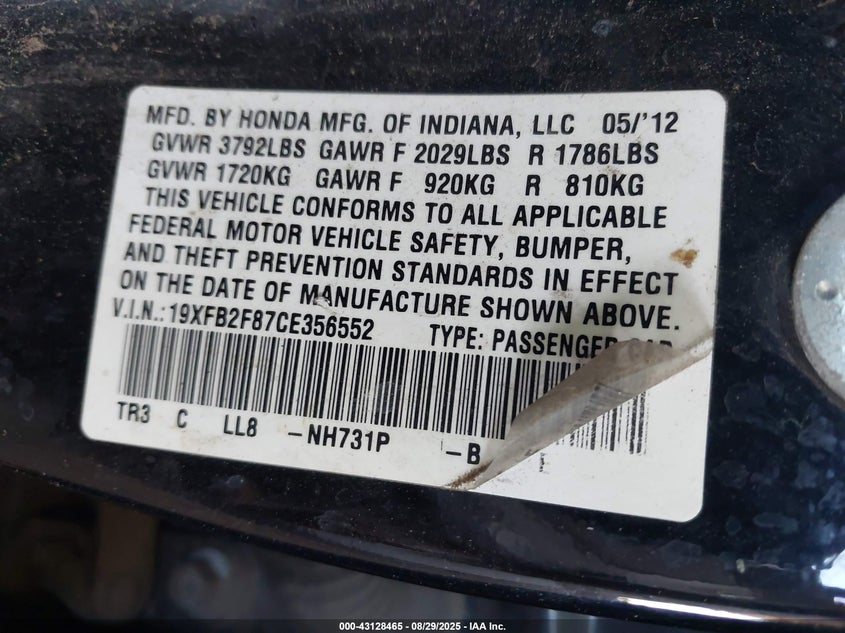 2012 Honda Civic Ex VIN: 19XFB2F87CE356552 Lot: 43128465
