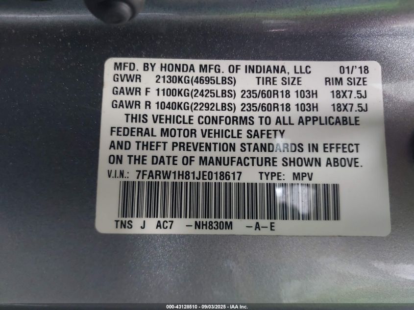 2018 Honda Cr-V Ex-L/Ex-L Navi VIN: 7FARW1H81JE018617 Lot: 43128510