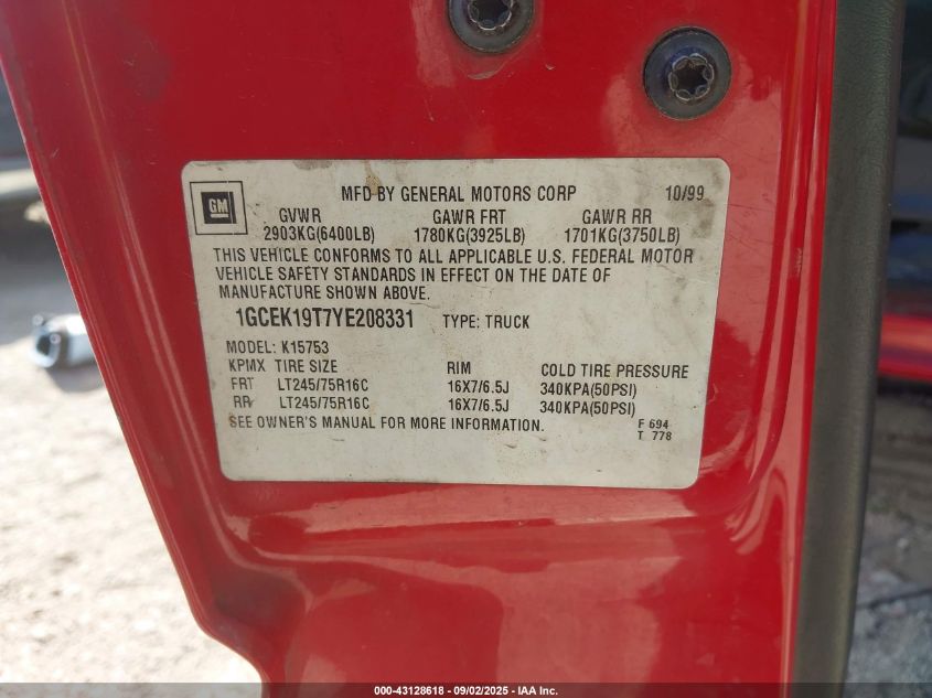 2000 Chevrolet Silverado 1500 Ls VIN: 1GCEK19T7YE208331 Lot: 43128618