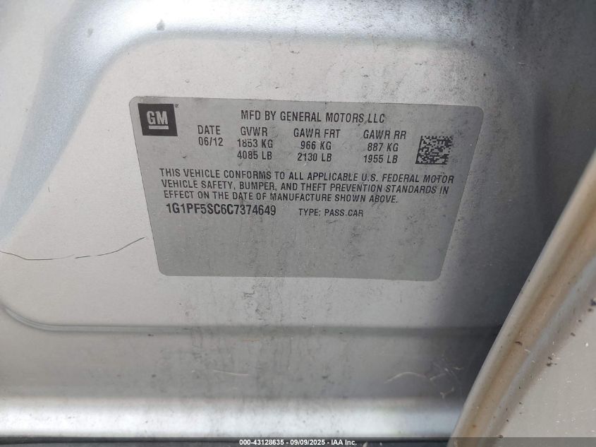 2012 Chevrolet Cruze 1Lt VIN: 1G1PF5SC6C7374649 Lot: 43128635