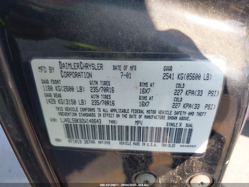 2002 Jeep Liberty Limited VIN: 1J4GL58K82W148643 Lot: 43128671