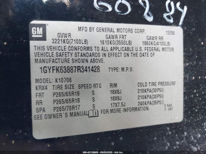 2007 Cadillac Escalade Standard VIN: 1GYFK63887R341428 Lot: 43128689