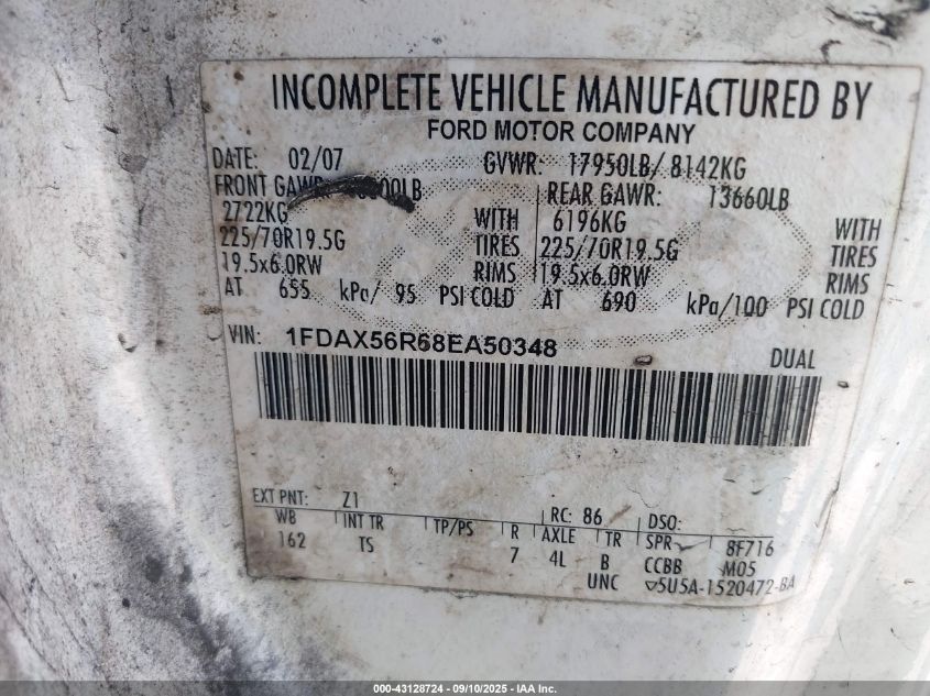 2008 Ford F-550 Chassis Lariat/Xl/Xlt VIN: 1FDAX56R68EA50348 Lot: 43128724