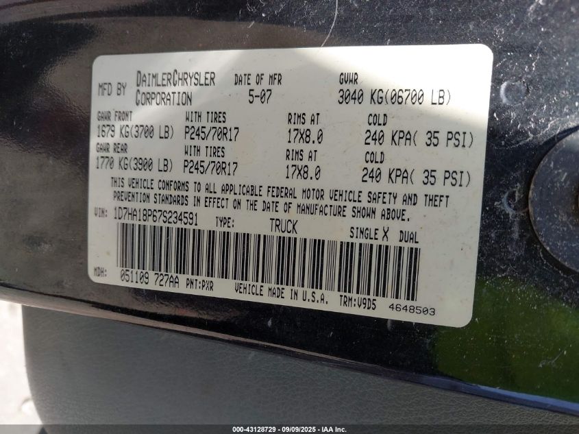 2007 Dodge Ram 1500 Slt VIN: 1D7HA18P67S234591 Lot: 43128729