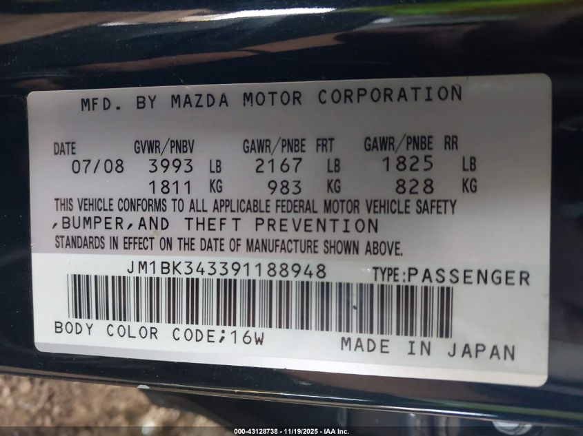 2009 Mazda Mazda3 S Sport VIN: JM1BK343391188948 Lot: 43128738