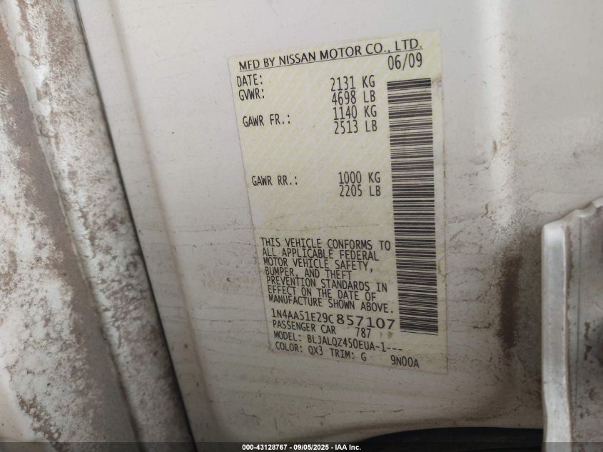 2009 Nissan Maxima 3.5 S VIN: 1N4AA51E29C857107 Lot: 43128767