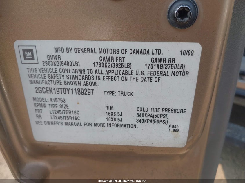 2000 Chevrolet Silverado 1500 Ls VIN: 2GCEK19T0Y1189297 Lot: 43128809