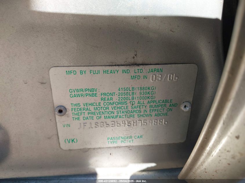 2006 Subaru Forester 2.5X VIN: JF1SG63646H759886 Lot: 43128892