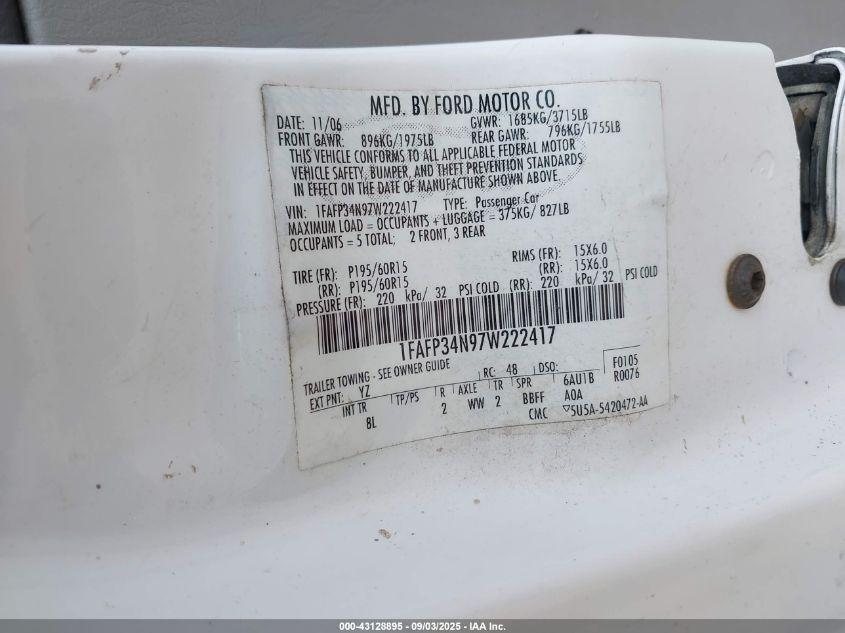 2007 Ford Focus S/Se/Ses VIN: 1FAFP34N97W222417 Lot: 43128895