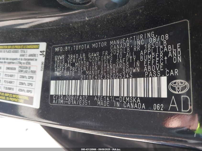 2009 Toyota Corolla Xrs VIN: 2T1BE40E39C025345 Lot: 43128966