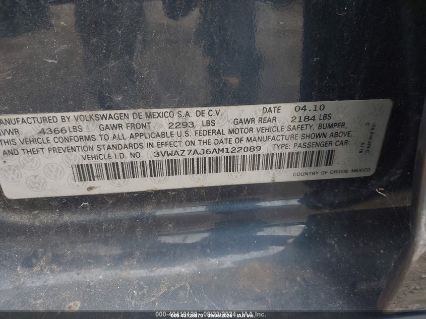 3VWAZ7AJ6AM122089 2010 VOLKSWAGEN JETTA photo no. 9