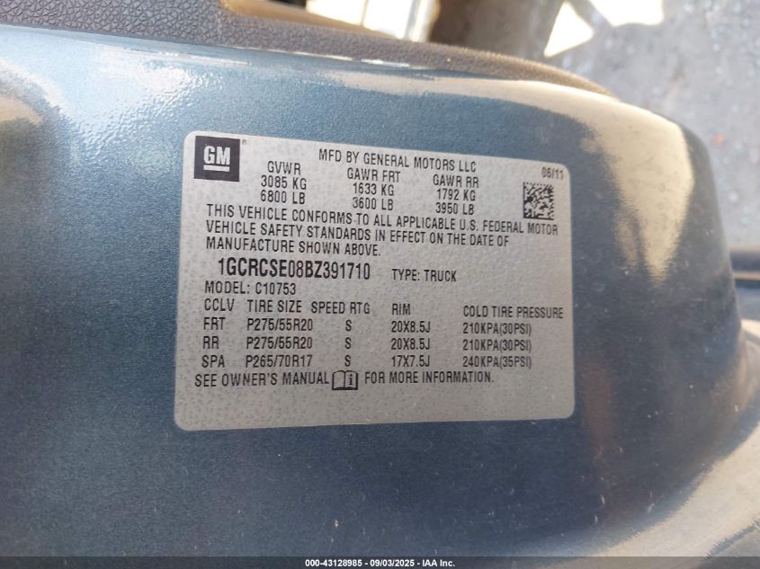 2011 Chevrolet Silverado Lt VIN: 1GCRCSE08BZ391710 Lot: 43128985