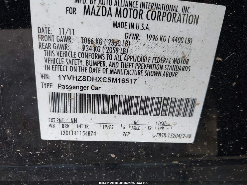 2012 Mazda 6 I VIN: 1YVHZ8DHXC5M16517 Lot: 43129000