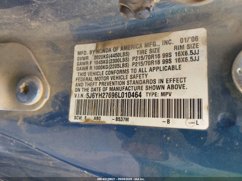 2006 Honda Element Ex VIN: 5J6YH27696L010464 Lot: 43129021