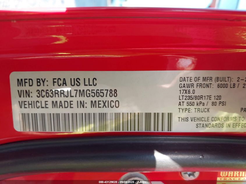 2021 Ram 3500 Laramie 4X4 8' Box VIN: 3C63RRJL7MG565788 Lot: 43129028