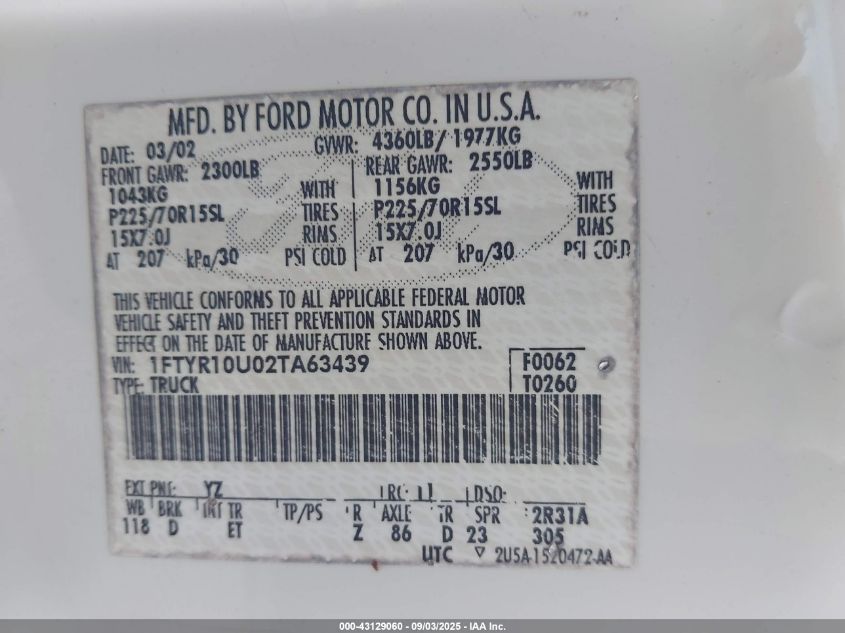 2002 Ford Ranger VIN: 1FTYR10U02TA63439 Lot: 43129060