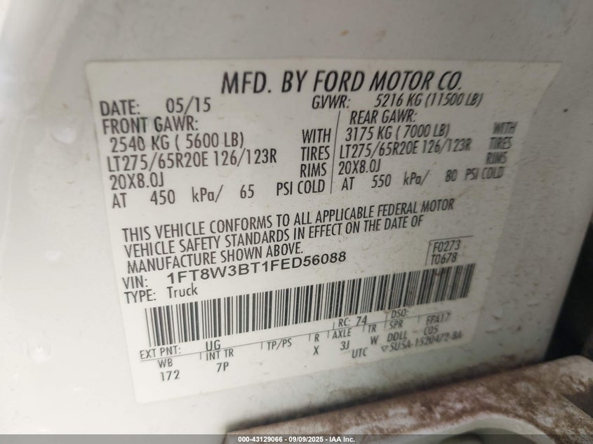 2015 Ford F-350 Lariat VIN: 1FT8W3BT1FED56088 Lot: 43129066