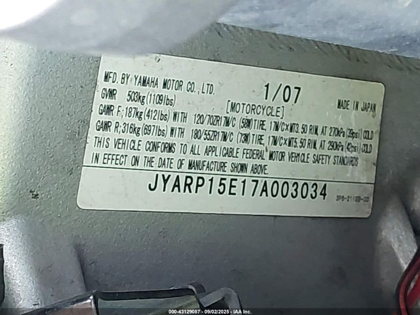 2007 Yamaha Fjr1300 VIN: JYARP15E17A003034 Lot: 43129087