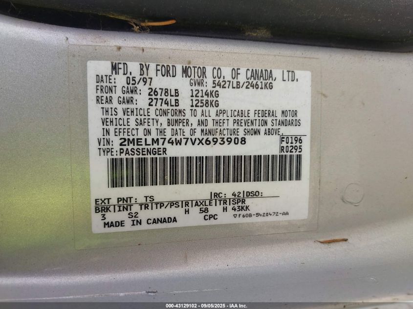 1997 Mercury Grand Marquis Gs VIN: 2MELM74W7VX693908 Lot: 43129102