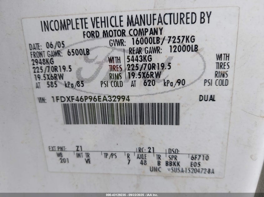 2006 Ford F-450 Chassis Xl/Xlt VIN: 1FDXF46P96EA32994 Lot: 43129235