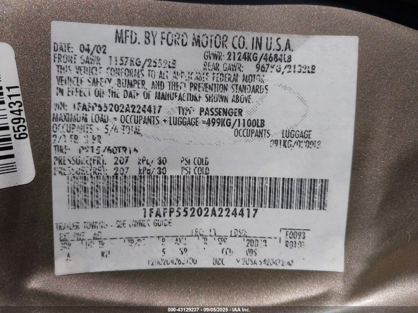 2002 Ford Taurus Ses VIN: 1FAFP55202A224417 Lot: 43129237