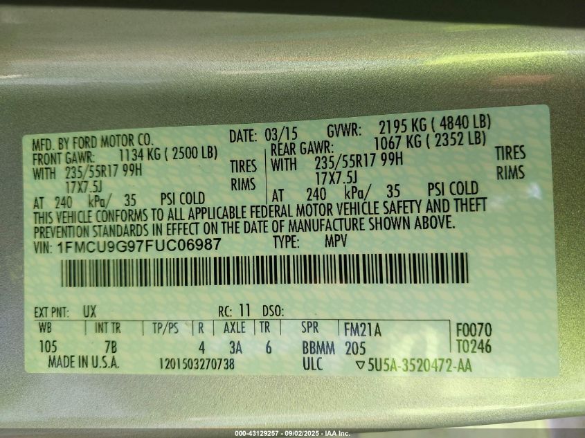 2015 Ford Escape Se VIN: 1FMCU9G97FUC06987 Lot: 43129257