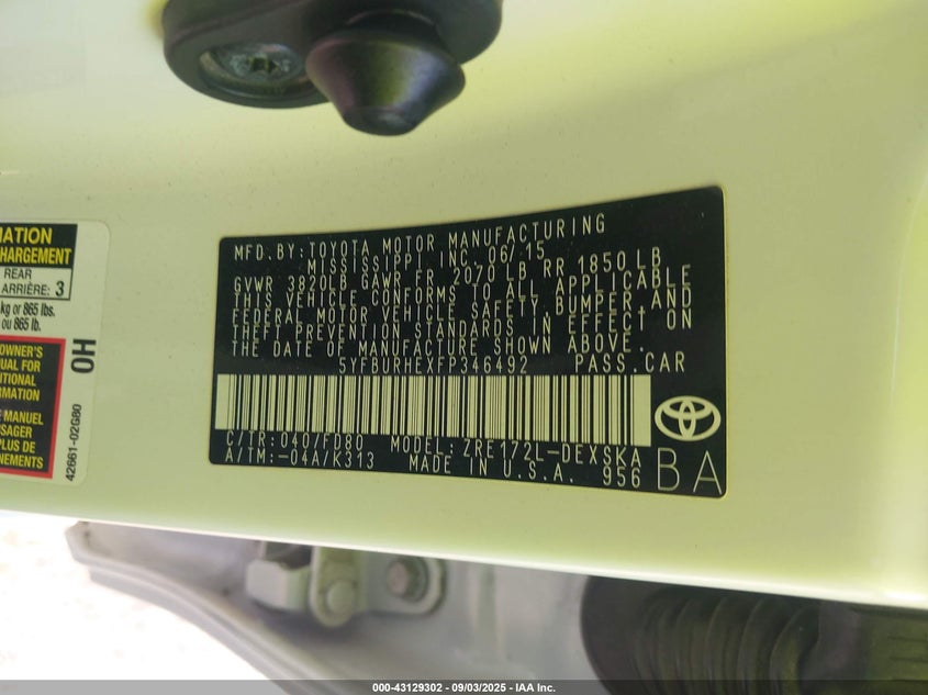 2015 Toyota Corolla S Plus VIN: 5YFBURHEXFP346492 Lot: 43129302