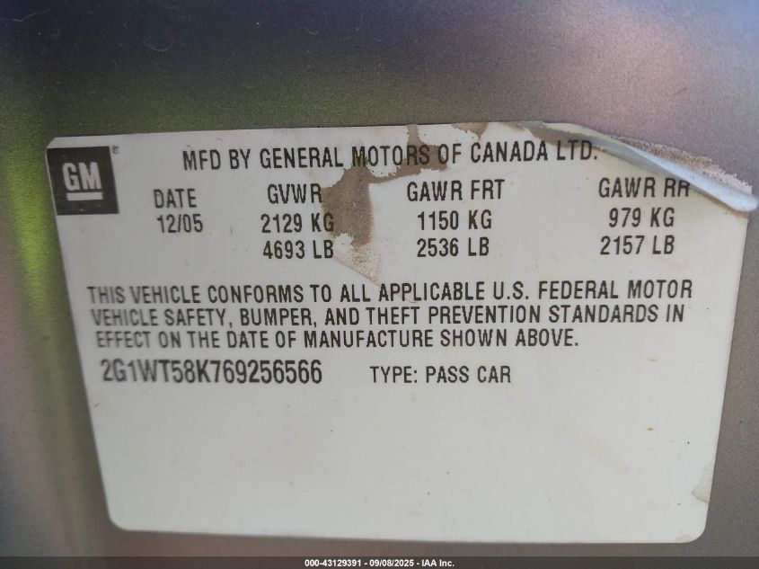 2006 Chevrolet Impala Lt VIN: 2G1WT58K769256566 Lot: 43129391