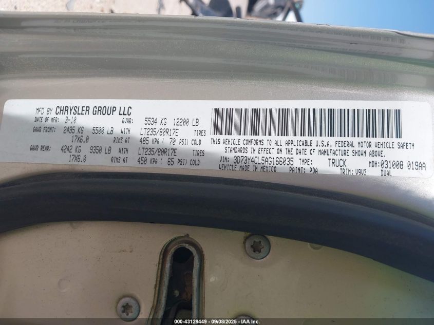 2010 Dodge Ram 3500 St VIN: 3D73Y4CL5AG166035 Lot: 43129449