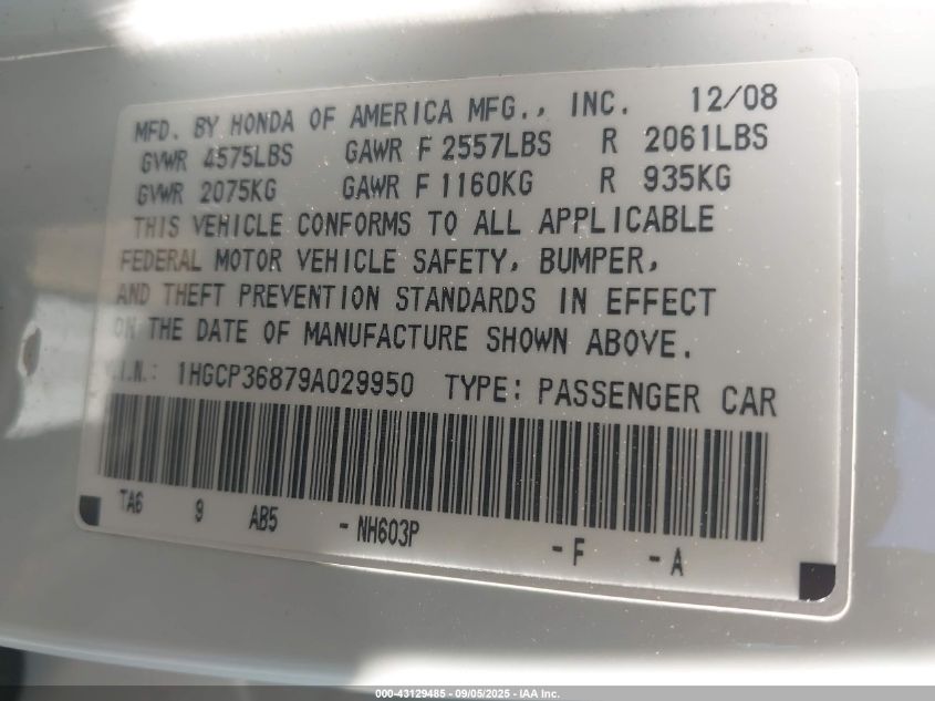 2009 Honda Accord 3.5 Ex-L VIN: 1HGCP36879A029950 Lot: 43129485