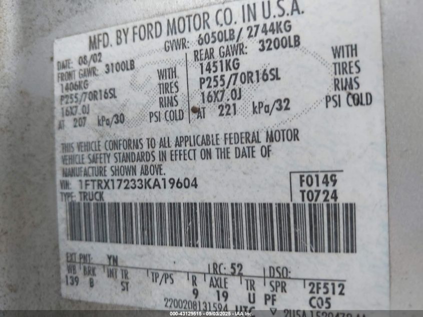 2003 Ford F-150 Xl/Xlt VIN: 1FTRX17233KA19604 Lot: 43129515