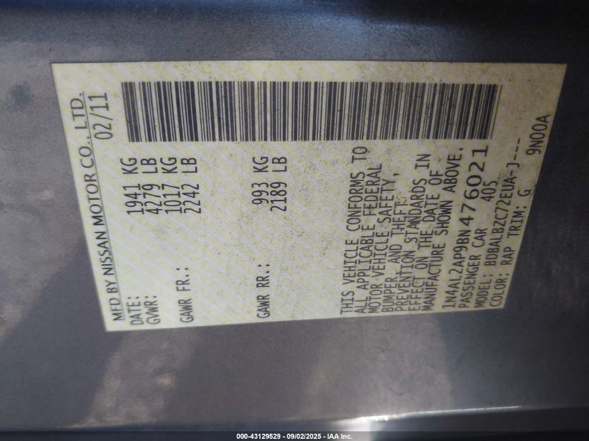 2011 Nissan Altima 2.5 S VIN: 1N4AL2AP9BN476021 Lot: 43129529