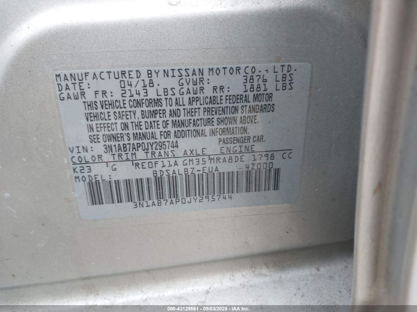 2018 Nissan Sentra S VIN: 3N1AB7AP0JY295744 Lot: 43129561