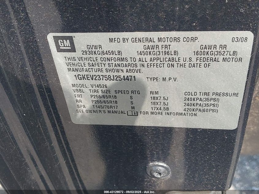 2008 GMC Acadia Slt-1 VIN: 1GKEV23758J254471 Lot: 43129572